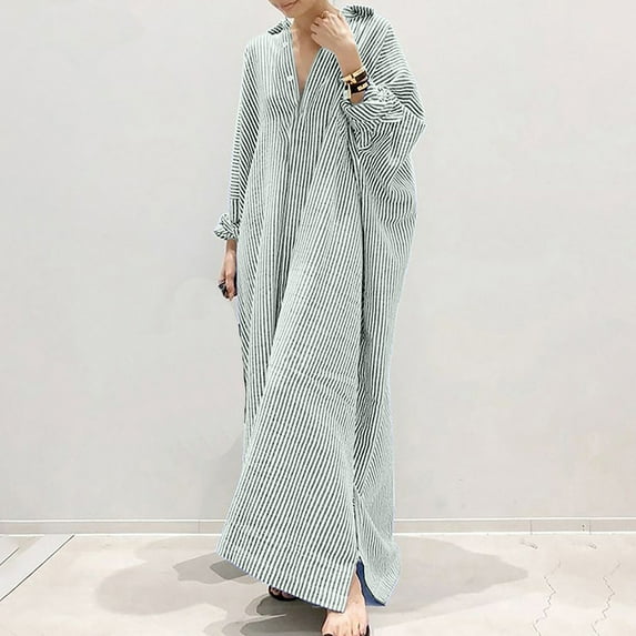 pstuiky Dresses for Women, Women Cotton Linen Shirtdress Striped Lapel Shirtdress Long Sleeve Lapel Ankle Length Dress Floor-Length Dress Leisure Green XXL