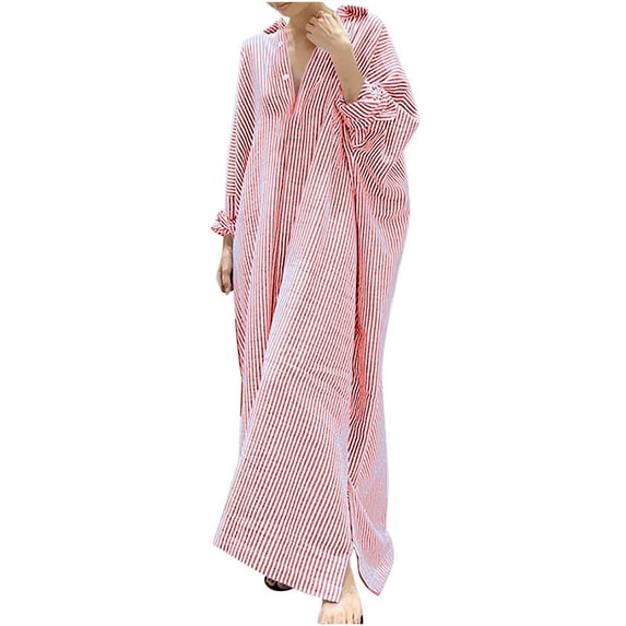 pstuiky Dresses for Women, Women Cotton Linen Shirtdress Striped Lapel Shirtdress Long Sleeve Lapel Ankle Length Dress Floor-Length Dress Leisure Red L
