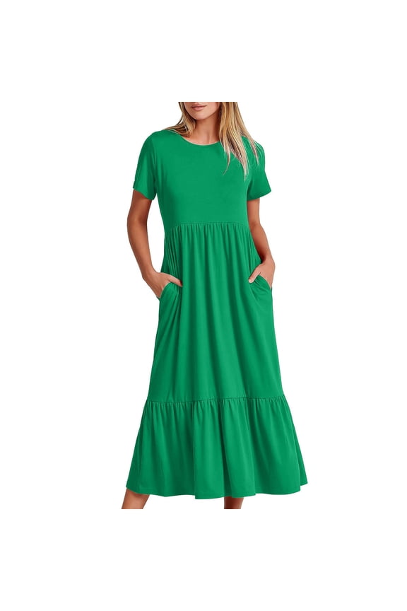 Dresses for Women 2024, Women Summer Casual Dresses Short Sleeve Crewneck Loose Flowy Tiered Beach Maxi Dress with Pockets Green l