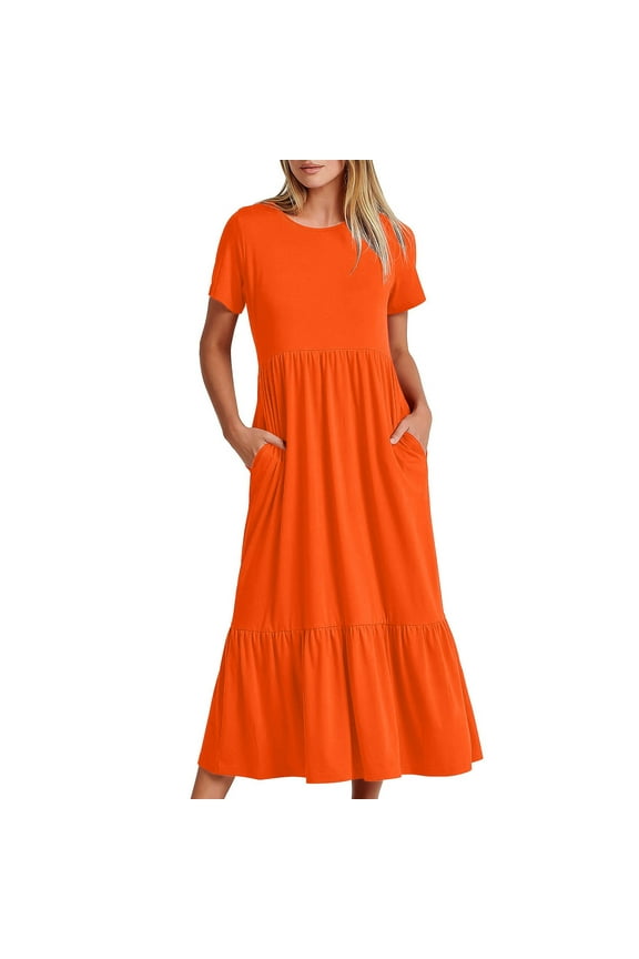 Dresses for Women 2024, Women Summer Casual Dresses Short Sleeve Crewneck Loose Flowy Tiered Beach Maxi Dress with Pockets Orange s