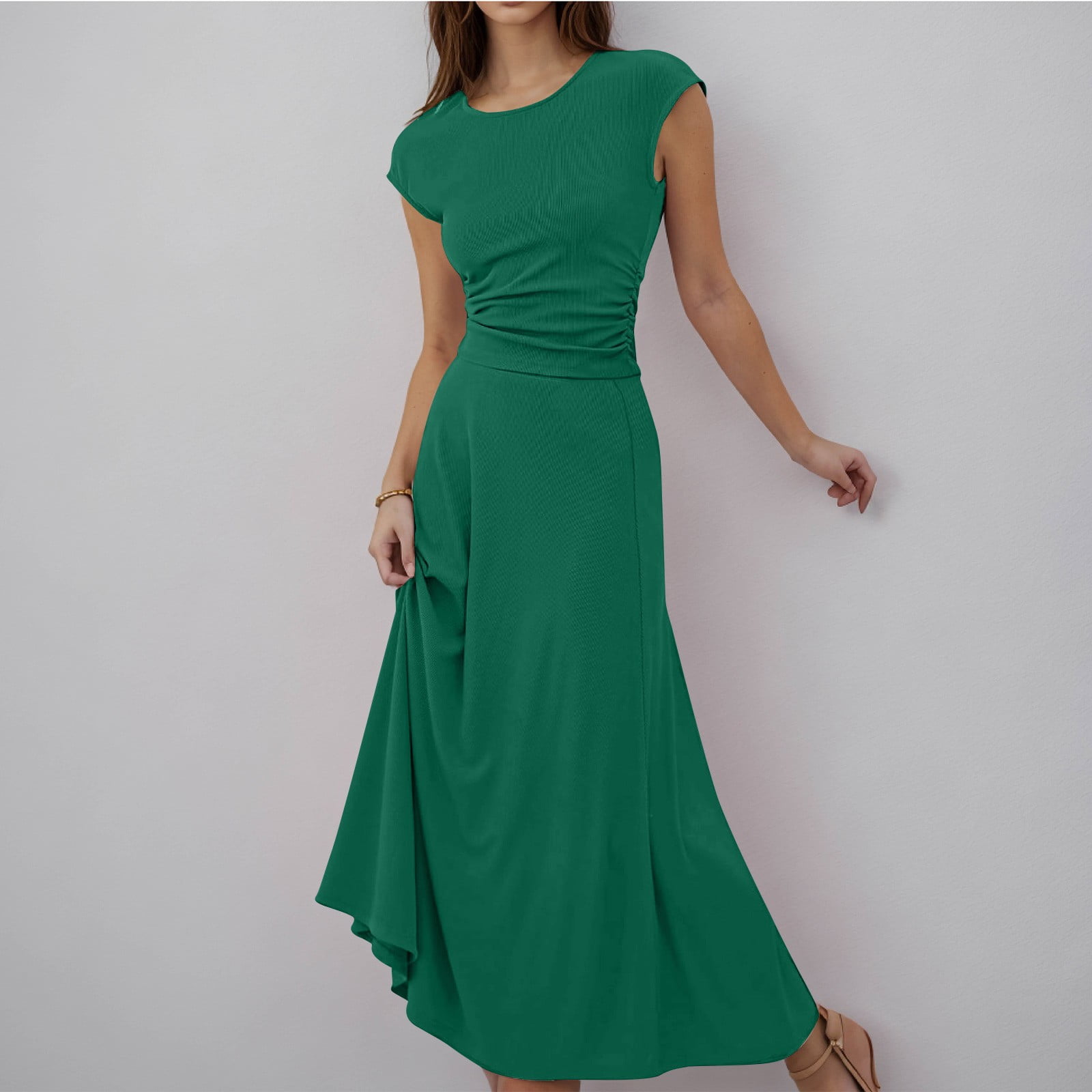 Women's New Solid Color V-Neck Long Puff Sleeve Oversized Waist Dress