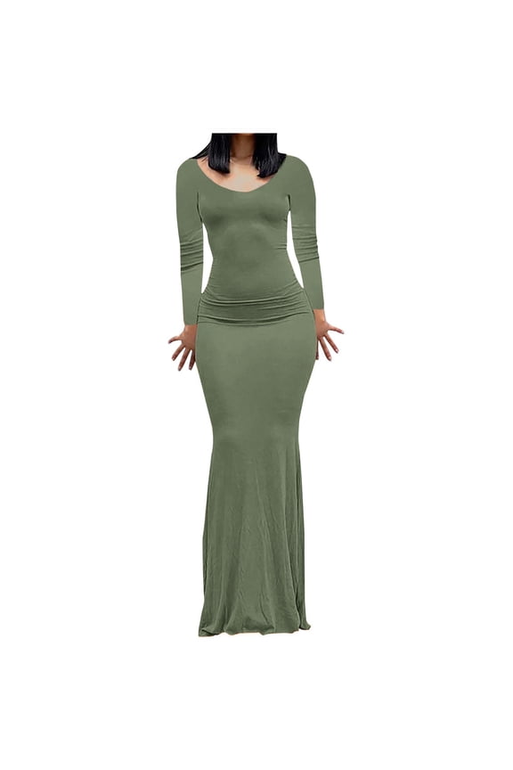 Dresses for Women, Women Long-Sleeved Crew Neck Dress Solid Color Hip Skirt Ankle Dress Floor-Length Dress Banquet Leisure Green M