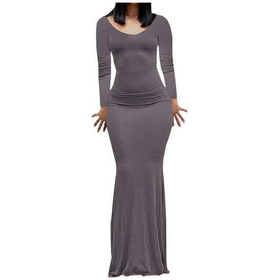 pstuiky Dresses for Women, Women Long-Sleeved Crew Neck Dress Solid Color Hip Skirt Ankle Dress Floor-Length Dress Banquet Leisure Purple XXXL