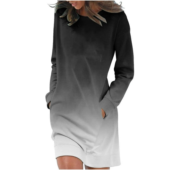 pstuiky Dresses for Women, Women Long-Sleeved Sweatshirt Loose Crew Neck Dress Printed Hoodie Dress Jumper Dress with Pockets Leisure Black XXL