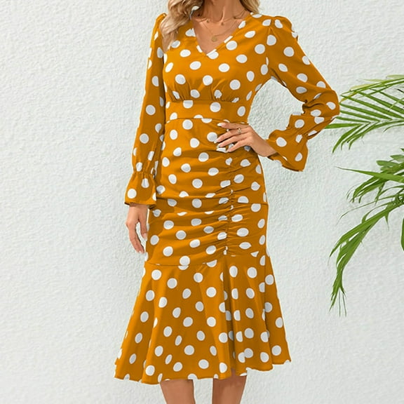 pstuiky Dresses for Women, Women Long-Sleeved V-Neck Dress Polka Dot Print Dress Bag Hip Skirt Mid-Calf Dress Leisure Yellow M