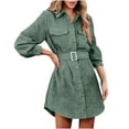 thumbnail image 1 of pstuiky Dresses for Women, Women Solid Color Corduroy Dress with Lapel Dress Long Sleeve Lapel Dress with Pockets Leisure Green M, 1 of 6