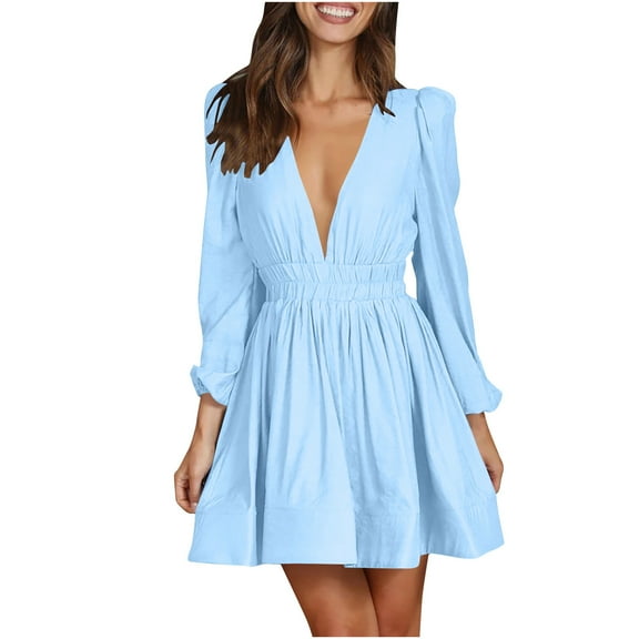 pstuiky Dresses for Women, Women Solid Color Long Sleeve Deep V Dress Mini Beach Dress Leisure Light Blue XL