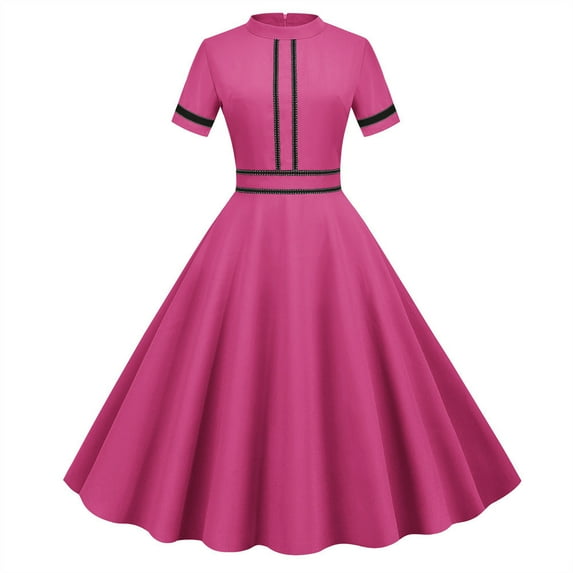 pstuiky Dresses for Women, Women Solid Color Vintage Dress Short Sleeve Stand Collar Dress Fashion Party Dress with Large Hem Leisure Hot Pink XL