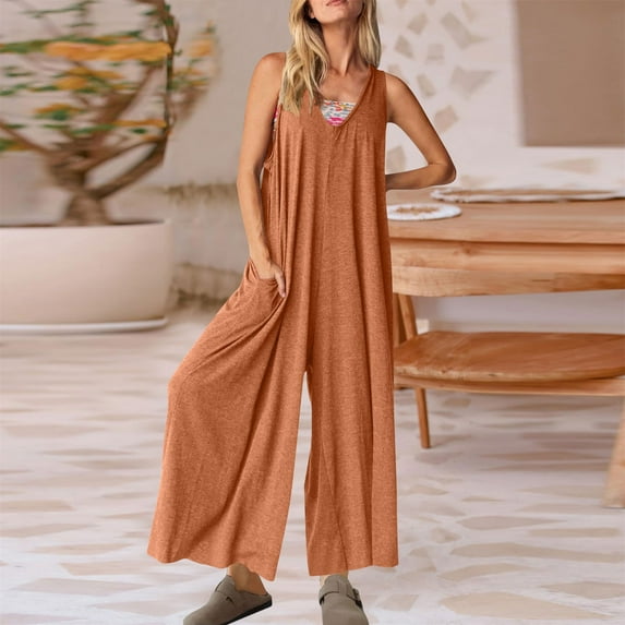 pstuiky Dressy Jumpsuits for Women, Solid Color Loose Long Palazzo Pants Pants Active Fit Rompers for Women 2025 Holiday Gifts Coffee L