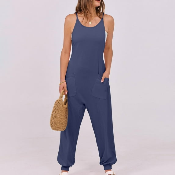 pstuiky Dressy Jumpsuits for Women, Solid Color Loose Long Pants Summer Womens Romper Navy M