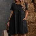 thumbnail image 1 of pstuiky Fashion Women Casual Round Neck Solid Summer Short Sleeve Pockets Dress, 1 of 6