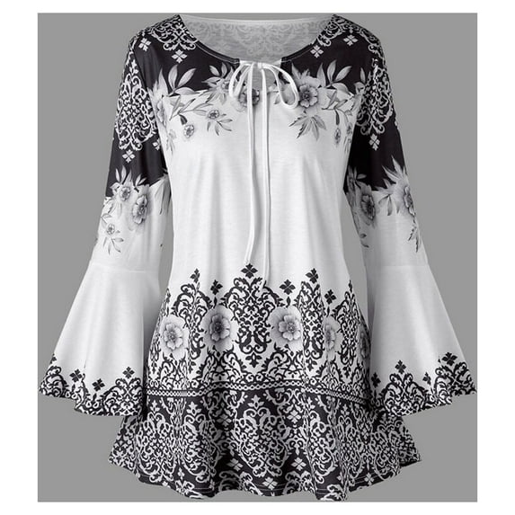 pstuiky Fashion Womens Plus Size Printed Flare Sleeve Tops Blouses Keyhole T-Shirts Summer Savings