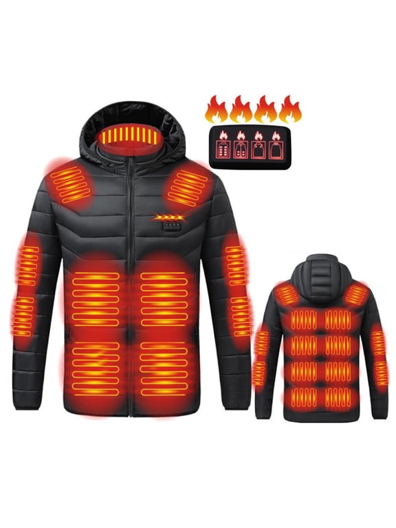 Heated Jacket for Men and Women Solid Color Zipper Four Control 21 Areas USB Charging Smart Heating Jacket Unisex Oversize Warm Coat with Detachable Hood Outwear