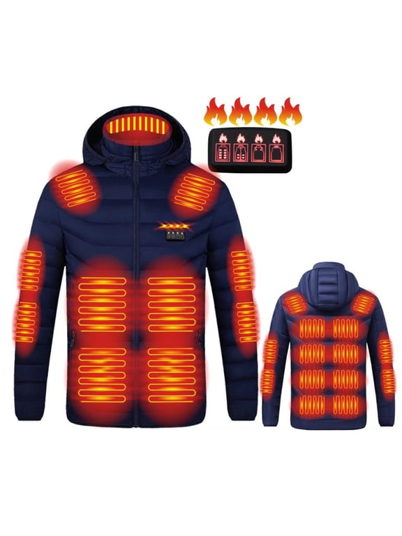 Heated Jacket for Men and Women Solid Color Zipper Four Control 21 Areas USB Charging Smart Heating Jacket Unisex Oversize Warm Coat with Detachable Hood Outwear
