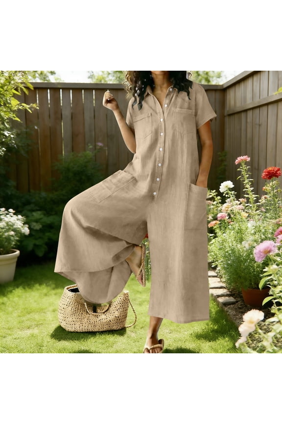 Wide Leg Jumpsuits for Women Dressy Linen Button down One Piece Jumpsuits Summer Work Casual Jumpsuits Short Sleeve Rompers for Women Overalls with Pockets, Khaki L