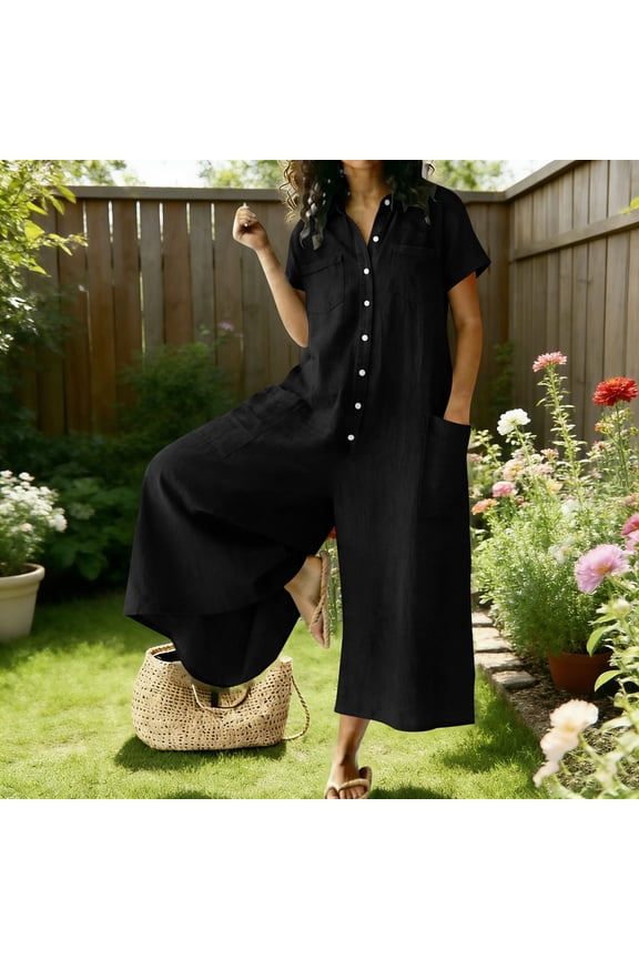 Wide Leg Jumpsuits for Women Dressy Linen Button down One Piece Jumpsuits Summer Work Casual Jumpsuits Short Sleeve Rompers for Women Overalls with Pockets, Black L