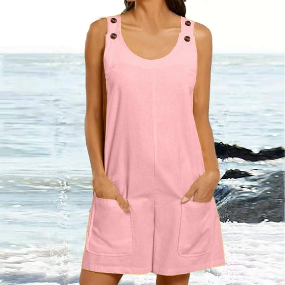 pstuiky Jumpsuits for Women, Cotton and Linen Solid Color Loose Short Linen Pants Trousers Button with Button Comfy Rompers for Women Pink L