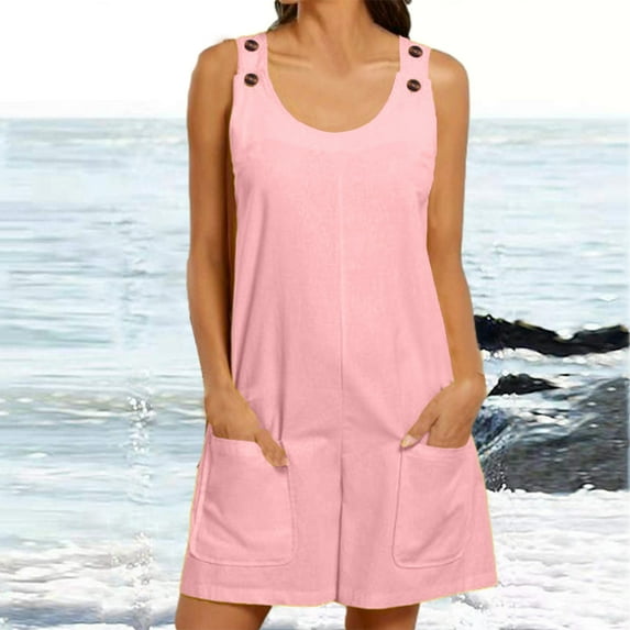 pstuiky Jumpsuits for Women, Cotton and Linen Solid Color Loose Short Linen Pants Trousers Button with Button Comfy Rompers for Women Pink L