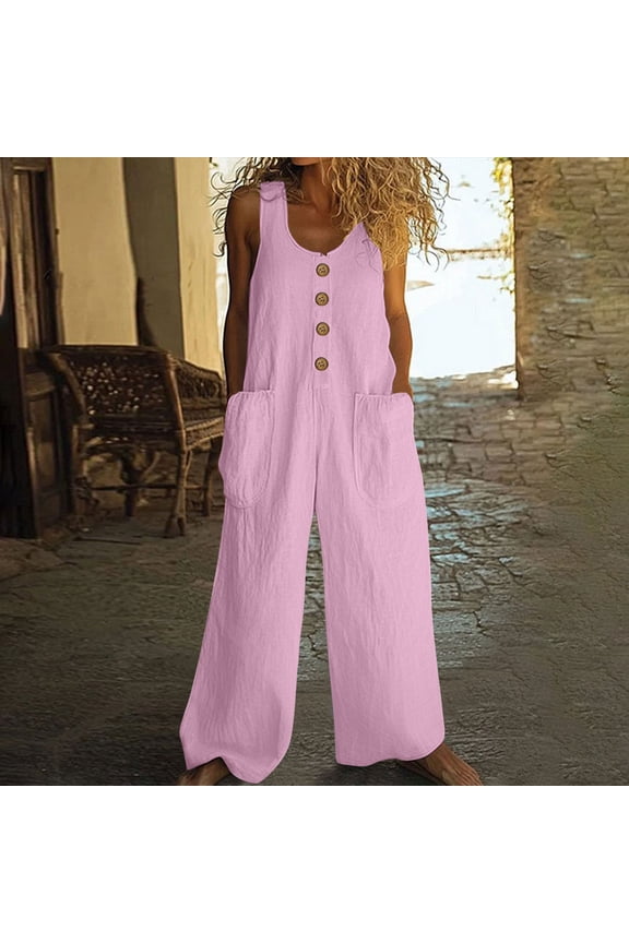 Jumpsuits for Women Dressy Women's Linen Sleeveless Jumpsuit Summer Casual Wide Leg Romper Plus Size Jumpsuit with Button Front with Pockets One Piece Outfit