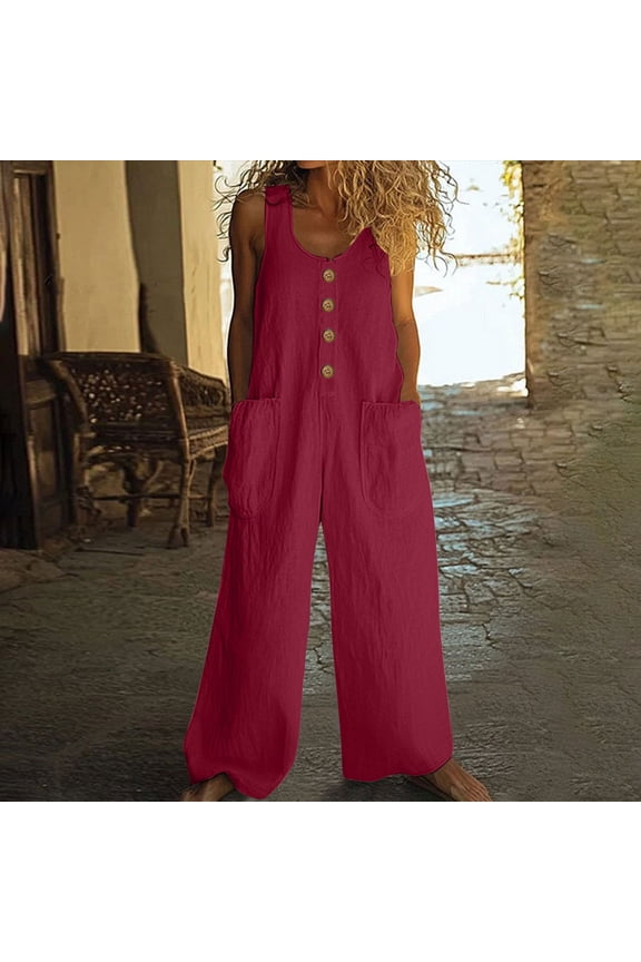 Jumpsuits for Women Dressy Women's Linen Sleeveless Jumpsuit Summer Casual Wide Leg Romper Plus Size Jumpsuit with Button Front with Pockets One Piece Outfit