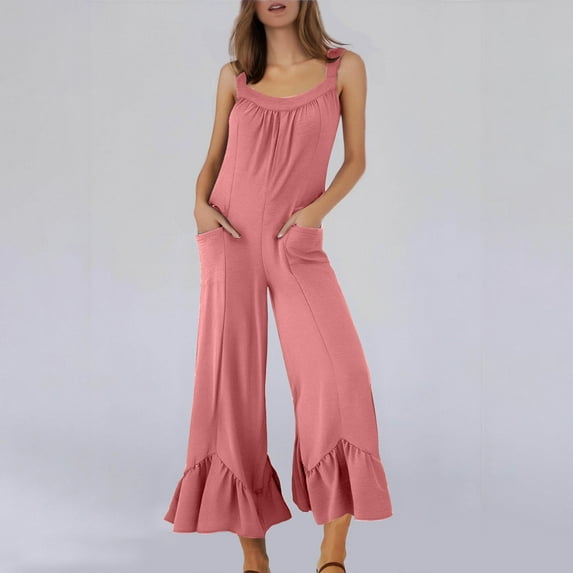 pstuiky Sleeveless Jumpsuit Women Camisole Camisole Jumpsuit Summer Casual Solid Color Romper Plus Size Wide Leg Jumpsuits with Pockets Loose Fit for Daily Wear