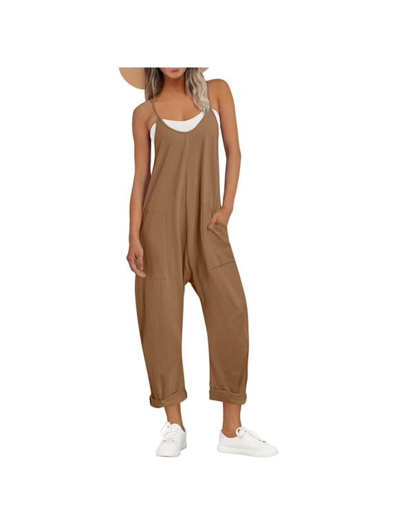 Jumpsuits for Women Dressy, Womens Jumpsuit Solid Color V Neck Sleeveless Jumpsuit Spaghetti Strap Jumpsuit Loose Rompers One Piece Jumpsuits Casual Overalls with Pockets, Brown S