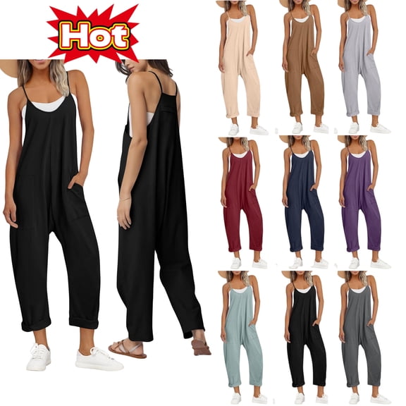 pstuiky Jumpsuits for Women Dressy, Womens Jumpsuit Solid Color V Neck Sleeveless Jumpsuit Spaghetti Strap Jumpsuit Loose Rompers One Piece Jumpsuits Casual Overalls with Pockets, Black S