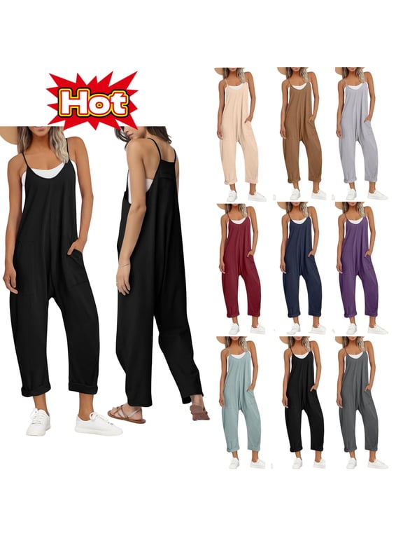 Jumpsuits for Women Dressy, Womens Jumpsuit Solid Color V Neck Sleeveless Jumpsuit Spaghetti Strap Jumpsuit Loose Rompers One Piece Jumpsuits Casual Overalls with Pockets, Black S