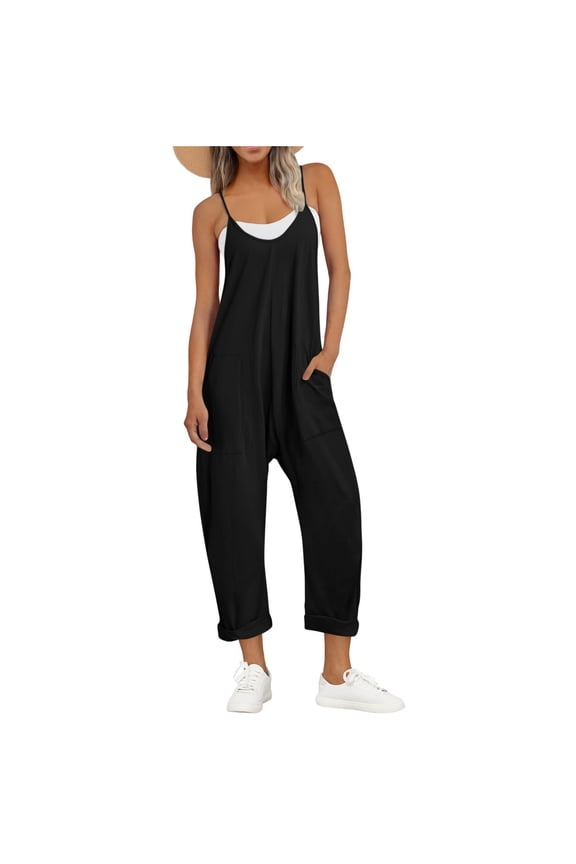 Jumpsuits for Women Dressy, Womens Jumpsuit Solid Color V Neck Sleeveless Jumpsuit Spaghetti Strap Jumpsuit Loose Rompers One Piece Jumpsuits Casual Overalls with Pockets, Black XL