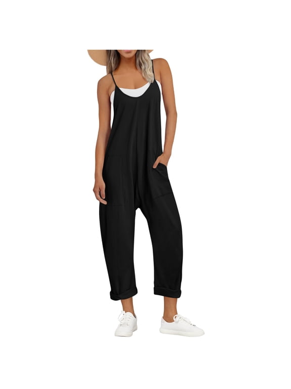 Jumpsuits for Women Dressy, Womens Jumpsuit Solid Color V Neck Sleeveless Jumpsuit Spaghetti Strap Jumpsuit Loose Rompers One Piece Jumpsuits Casual Overalls with Pockets, Black L