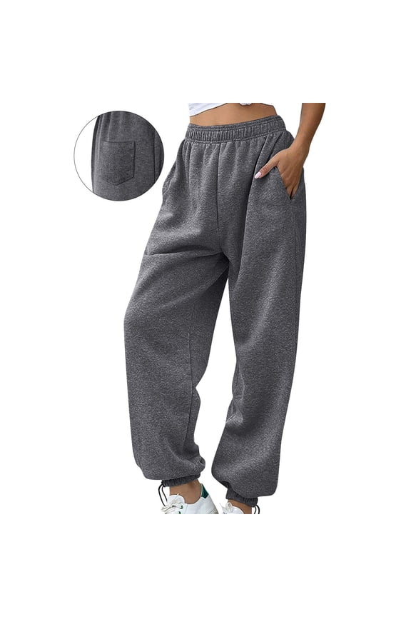 Womens Pants Solid Color Plus Size Adjustable Cuffs Elastic Waist Sweatpants Casual Baggy for Running Sports Long Pants with Three Pockets Dark Gray XL