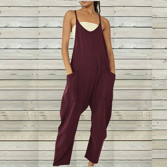 pstuiky Jumpsuits for Women, Womens Jumpsuit Solid Color V Neck Sleeveless Jumpsuit Spaghetti Strap Jumpsuit Loose Rompers One Piece Jumpsuits Casual Overalls with Pockets Wine xxxl