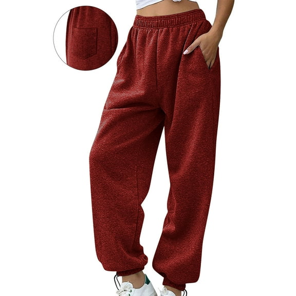 pstuiky Pants for Women Solid Color Plus Size Adjustable Cuffs Elastic Waist Sweatpants Casual Baggy for Running Sports Long Pants with Three Pockets Wine S