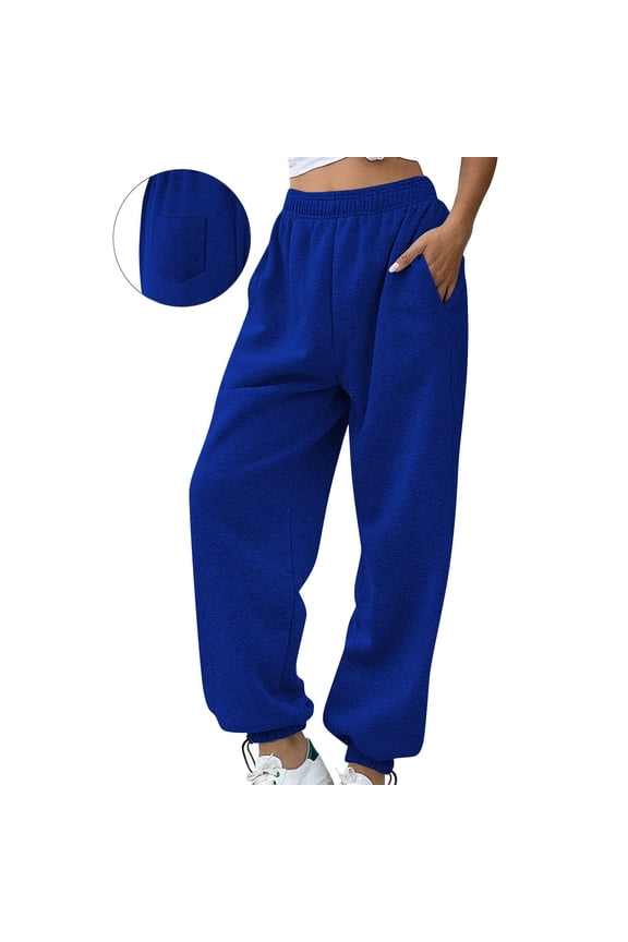 Pants for Women Solid Color Plus Size Adjustable Cuffs Elastic Waist Sweatpants Casual Baggy for Running Sports Long Pants with Three Pockets Blue XXL