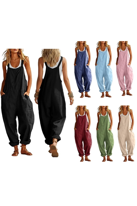 Cotton and Linen Jumpsuits for Women Dressy Solid Color Sleeveless One Piece Loose Baggy Romper with Pockets Summer Outfits for Women
