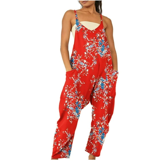 pstuiky Jumpsuits for Women, Womens Summer Jumpsuits Wide Leg Sling Romper Casual Loose Floral Print Boho Bib Overalls for Women Overalls for Women Loose Fit Red XL