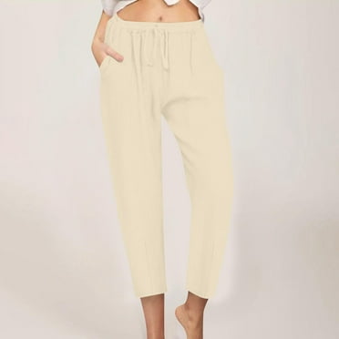 pstuiky Linen Pants, Women Summer Elastic Waist Drawstring Tapered Pants Casual Beach Trousers with Pockets Hiking Pants Women Juniors Pants Clearance Under $10