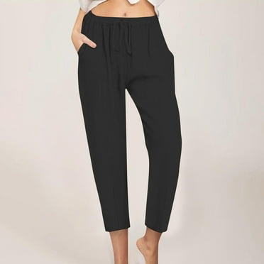 pstuiky Linen Pants, Women Summer Elastic Waist Drawstring Tapered Pants Casual Beach Trousers with Pockets Hiking Pants Women Juniors Pants Clearance Under $10