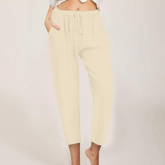 pstuiky Linen Pants, Women Summer Elastic Waist Drawstring Tapered Pants Casual Beach Trousers with Pockets Hiking Pants Women Juniors Pants