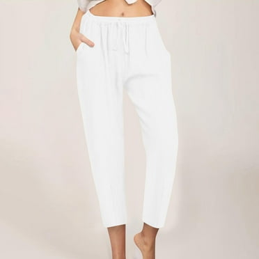 pstuiky Linen Pants, Women Summer Elastic Waist Drawstring Tapered Pants Casual Beach Trousers with Pockets Hiking Pants Women Juniors Pants Clearance Under $10