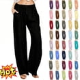 thumbnail image 1 of pstuiky Linen Pants Women, Summer Solid Color Casual Cotton Linen Drawstring Elastic Waist Long Wide Leg Pants Work Pants Hiking Pants Beach Pants for Women Womens Pants, 1 of 8