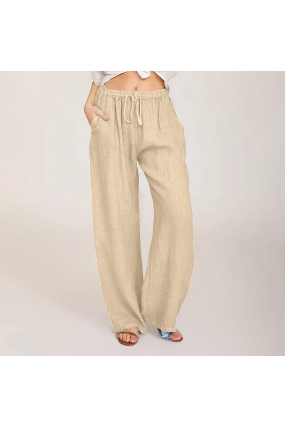 Linen Pants Women, Summer Solid Color Casual Cotton Linen Drawstring Elastic Waist Long Wide Leg Pants Work Pants Hiking Pants Beach Pants for Women Womens Pants