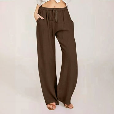 pstuiky Linen Pants Women, Women Solid Color Casual Cotton Linen Drawstring Elastic Waist Long Wide Leg Pants Work Pants Hiking Pants Beach Pants for Women Womens Pants