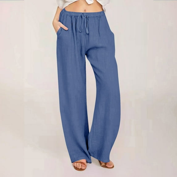 pstuiky Linen Pants Women, Women Solid Color Casual Cotton Linen Drawstring Elastic Waist Long Wide Leg Pants Work Pants Hiking Pants Beach Pants for Women Womens Pants