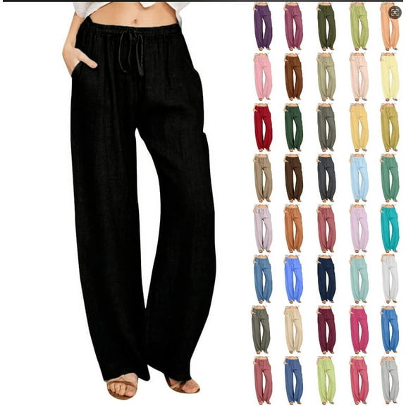 pstuiky Linen Pants Women, Women Solid Color Casual Cotton Linen Drawstring Elastic Waist Long Wide Leg Pants Work Pants Hiking Pants Beach Pants for Women Womens Pants