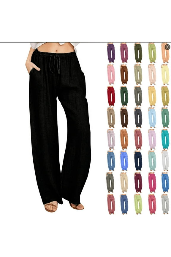Linen Pants Women, Women Solid Color Casual Cotton Linen Drawstring Elastic Waist Long Wide Leg Pants Work Pants Hiking Pants Beach Pants for Women Womens Pants