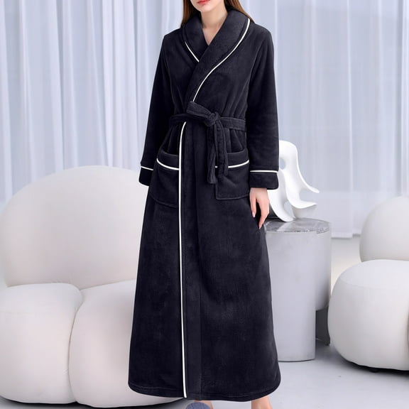 pstuiky Long Robe, Women Flannel Gown and Fleece Extra Thick Nightgown Pajamas Bathrobe Plus Size Loose Home Wear Long Cardigan with Pockets Leisure Black xxxl
