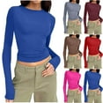 thumbnail image 1 of pstuiky Long Sleeve Shirts for Women Trendy Solid Color Crew Neck T Shirt Slim Fit Casual Basic Tops Pullover Tee Shirt Casual Outfits Athletic Blouses Women's Clothing, 1 of 6