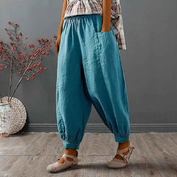 pstuiky Long Trousers for Women, Women Print Mid Waist Cotton Linen Pants Classic Fit Soft and Comfortable Plus Size Full Trousers Elastic Waisted Gift for Women Blue XXXXL