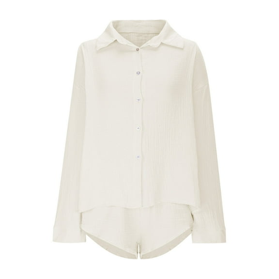 pstuiky Lounge Sets for Women Summer Solid Color Comfortable Pajama Set Lounge Loose Fit V-Neck Long Sleeve Sleepwear with Shorts Womens Loungewear Set White M